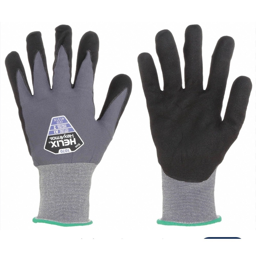 HexArmor Helix 1070 Gray Nitrile Palm Work Gloves ANSI A1 Cut Size 10 XL NEW